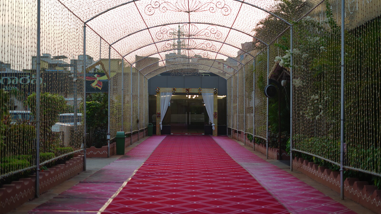 Grand red-carpet entrance to Vedika convention hall, Bandlamudi Gardens