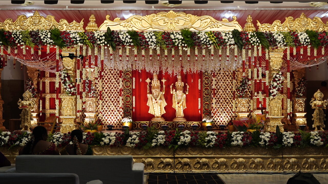 Ornate decorated wedding stage at Veduka hall, Bandlamudi Gardens Guntur
