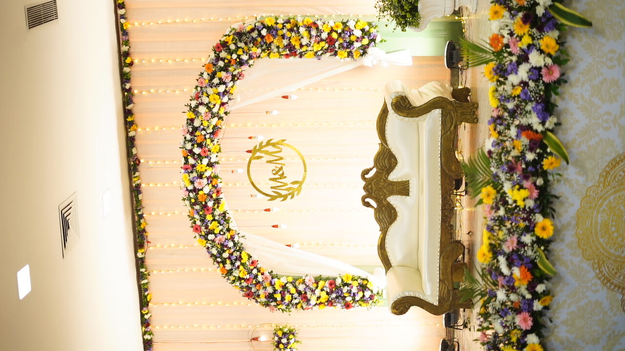 Floral wedding stage decor at Venue hall, Bandlamudi Gardens Guntur