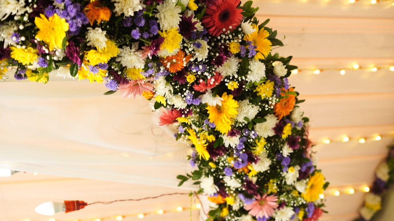 Marigold floral mandap decor at Venue hall, Bandlamudi Gardens Guntur